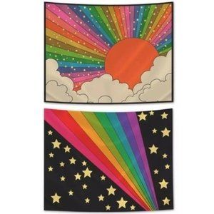 2 Wall Tapestries rainbow stars retro colorful sun hippie gypsy decor tapestry
